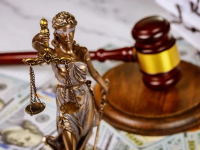 Judge's gavel with books and statue of Justice scales on law office working law document